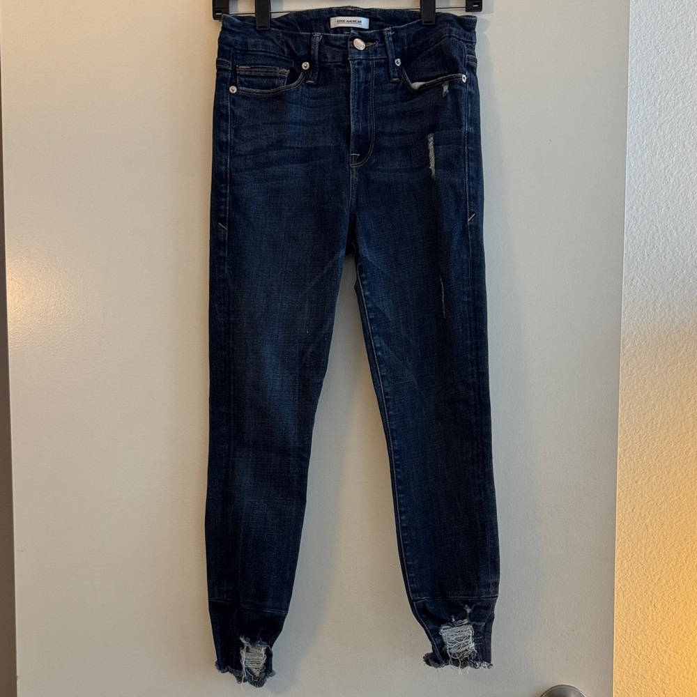 Good American Dark Blue Distressed Ankle Jeans